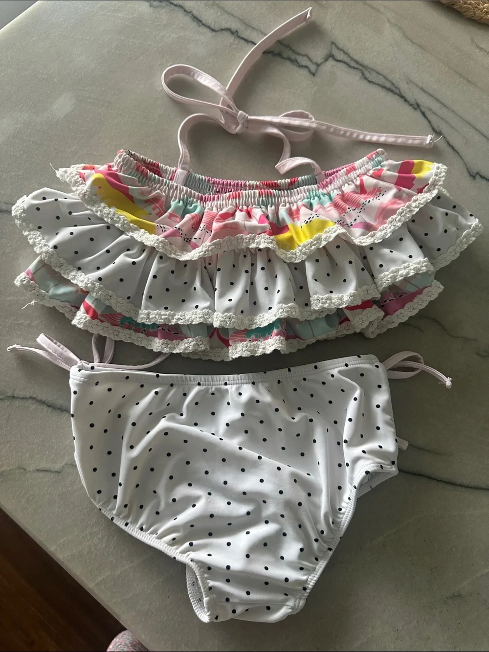 SweetHoney White Polka Dot Ruffle Bikini with Pink Accents